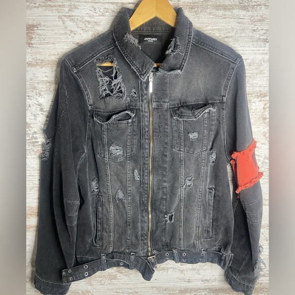 Jaffary Studios distressed denim light black trucker jacket love Sz medium EUC - Picture 6 of 9